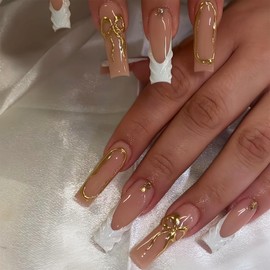 CUZIAM Chrome Gold Bow White French Tip Press on Nails Long Square-3D Ripple Fake Nails with Glue&File&Jelly Stickers, Autumn Winter New Year Nail for Women Daily Wear, Salon Effect in 5 Mins(24PCS)