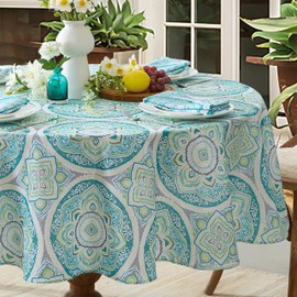 Newbridge Oval Fabric Tablecloth, Santorini Mosaic Glass, 60 x 84 Inch, Indoor Outdoor Stain and Water Resistant Heavy Weight Dining Table Cover, Mediterranean Blue and Green