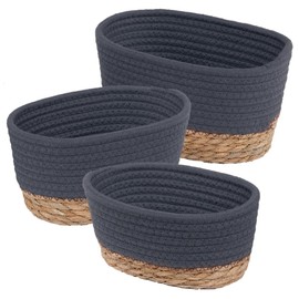 LIVIVO Tulla Seagrass Shelf Storage Baskets - 3-Piece Stackable Set, Decorative Rope Design, Versatile Home Organiser Bin For Living Room, Bedroom, Office, Bathroom, Underbed (SLATE)