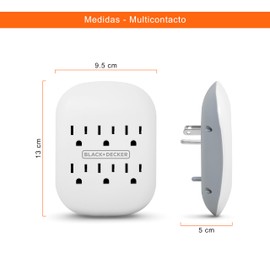 BLACK+DECKER Multicontacto de Pared con 6 Clavijas BDXEEMTTAP3, Carga Simultánea, Diseño Compacto y Seguro, Regleta Múltiple para Casa, Dormitorios y Oficina, Adaptador de Corriente, Blanco y Gris