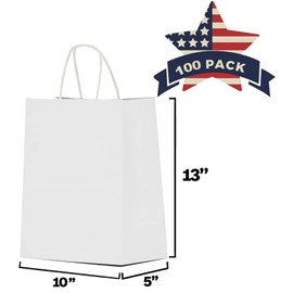 Qutuus 10x5x13 White Paper Gift Bags with Handles Bulk 100Pcs Kraft Paper Shopping Bags, Recyclable Paper Sacks, White Gift Bags for Retail, Merchandise, Business, Gifts