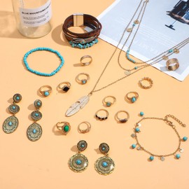 NEWITIN 23 Pieces Gold Bohemian Jewelry Set for Women Fashion Costume Jewels Turquoise Necklace Bracelet Ring Belt Chain Head Chain Earrings Western Turquoise Jewelry Set for Women