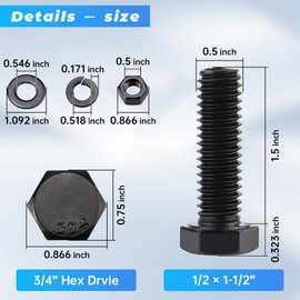 Glvaner 1/2-13 x 1-1/2" (6 Sets) Stainless Steel Hex Head Screws Bolts, Nuts, Flat & Lock Washers, 18-8 (304) Stainless Steel Bolts and Nuts Set, Full Thread, Black Coated