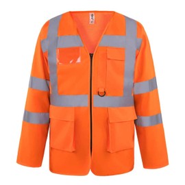 Yoko Premium Orange Hi-Vis Zipped Long Sleeve Safety Vest with Pockets – High Visibility Workwear with Phone, Pen Holder & ID Wallet, Brook Hi Vis (Orange, Medium)