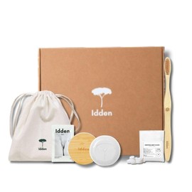 Biodegradable 5-Piece Travel Amenity Kit Set by Idden: Bamboo Toothbrush, Toothpaste Tablets, All-in-one soap bar, Travel case, and Body Lotion. Compact, Vegan, and eco-Friendly