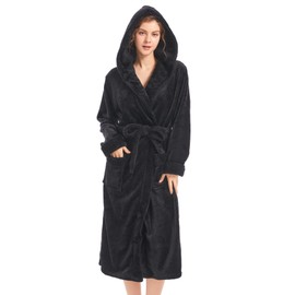 Inner Wish Women Hooded Plush Robe, Fleece Cozy Warm Bathrobe Fuzzy Female Spa Robe With Pockets Spa Bathrobe, BLACK+BLACK, 2XL/3XL