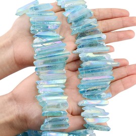 mookaitedecor 15 Inch Titanium Coated Quartz Crystal Dots, Strand Loose Crystal Beads Natural Quartz Stone Sticks Spikes Drilled for DIY Decoration Jewellery Making, Stone, Crystal