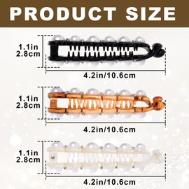 YALOJE 3pcs Artificial Pearl Banana Hair Clips for Women, Non-Slip Hair Claws with Double Combs, Vintage Hairpin Thick Long Curly Hair Styling Accessories for Daily, Party - White, Brown, Black,10.6cm