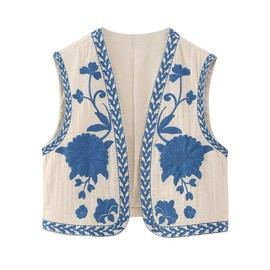Acrawnni Women Vest Vintage Floral Embroidered Crop Vest Casual National Open Front Sleeveless Cardigan Outerwear Gilet Streetwear