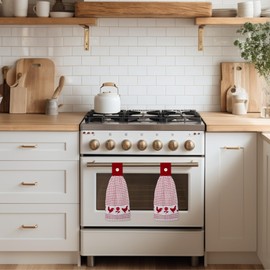 Cackleberry Home Backyard Chickens Hanging Tie Kitchen Dish Hand Towels with Button Accent, Windowpane Check Cotton Terrycloth Fabric – Set of 2 (Red)