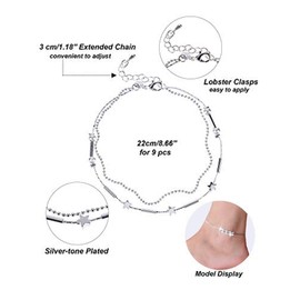 Huture 9 Pieces Women's Anklet 925 Sterling Silver Barefoot Beach Bracelets Boho Ankle Chains Silver Foot Clip Summer Foot Jewellery Adjustable Silver Jewellery Anklet