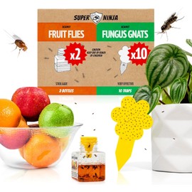 Super Ninja Gnat Traps for House Indoor - Fungus Gnat & Fruit Fly Traps - 10 Sticky Traps for Plants & 2 Highly Effective Fruit Fly Catchers for Indoors, Kid & Pet Friendly