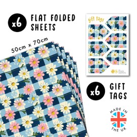 CENTRAL 23 Checkered Wrapping Paper - 6 Sheets Of Gift Wrap For Girls - Floral Checked Print - White Pink Blue Flowers - For Birthday Wedding Bridal Shower - Comes With Stickers
