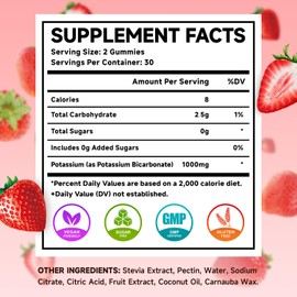 2 Pack Potassium Gummies 1000mg, Potassium Bicarbonate Supplement for Adults & Kids, Potassium Supplement for Electrolyte Balance & Muscle Heath, Sugar-Free, Strawberry Flavor, 120 Count