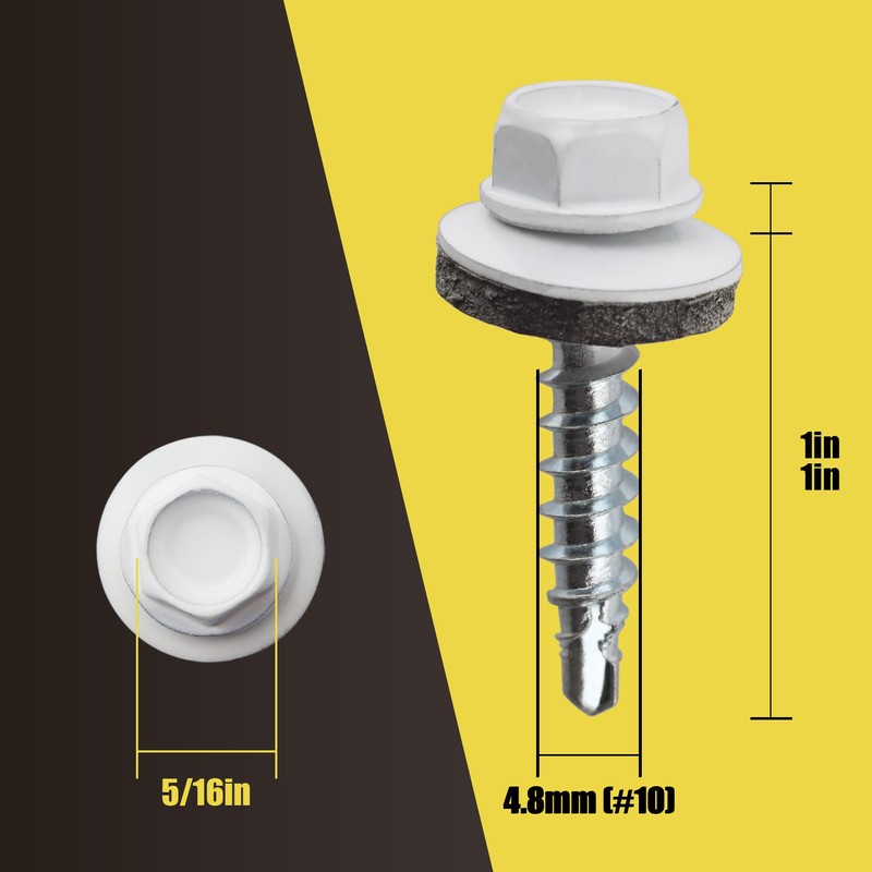 JEGONFRI 300pcs #10 x 1 White Hex Head Self-Drilling Metal