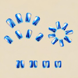 Laser Press on Nails Coffin Shaped Fake Nails Medium Glossy Stick on Nails Natural Full Cover False Nails Acrylic Glue on Nails Artificial Nails Kit for Women Girls 24Pcs