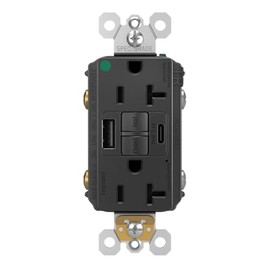 Legrand Pass & Seymour Radiant 20 Amp GFCI Wall Power Outlet with 2.0 Amp USB A/A Charger, Black
