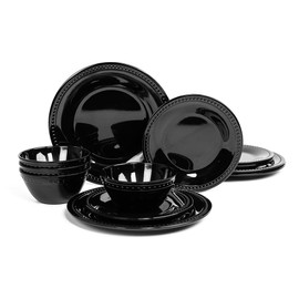 Beesen Black Melamine Dinnerware Set of 12 Pcs, BPA Free Dishes Set, Plates and Bowls Sets for Indoor Outdoor Dining on the Beach, RV, Camping Use,Lightweight Unbreakable Dishwasher Safe