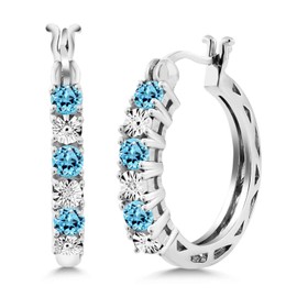 Gem Stone King 925 Sterling Silver Round Swiss Blue Topaz and White Lab Grown Diamond Hoop Earrings (0.91 Cttw, 22MM = 0.85 Inches Diameter)