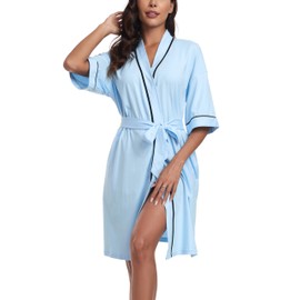 COLORFULLEAF 100% Cotton Dressing Gown Women's Bathrobes Lightweight Short Sauna Kimono Soft Women Sleepwear Short Sleeve, lightblue