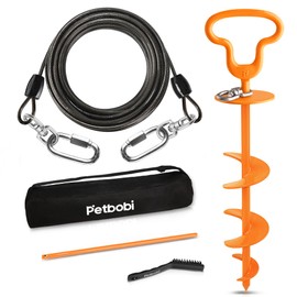 Petbobi Dog Tie-Out Cable and Stake - Heavy Duty Anti Rust Spiral Stakes, 30ft Steel Wire Run Cable, No Tangle Leash, 360° Swivel Hooks, Dog Runner for Yard Camping, Medium Large Breeds Up to 300lbs