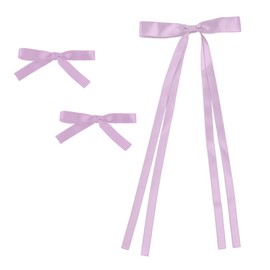 Women's Satin Hair Bows, Set of 3, 1 Hair Clip with Long Tails, 2 Hair Bows with Short Tails (Lavender)