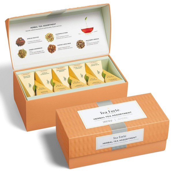 Tea Forte Presentation Box Tea Sampler Gift Set, 20 Assorted Variety Handcrafted Pyramid Tea Infuser Bags (Herbal Tea)