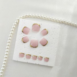 Press on Toenails Short Square Fake Nails with Gold French Tip Designs Nude Acrylic Toenails Summer Toe Nails Press ons Glossy Glue on Toe Nails Daily Wear Natural Stick on Toenails for Women 24Pcs
