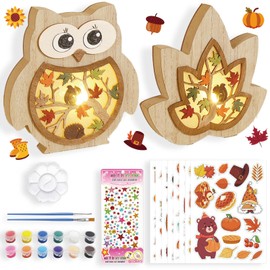 Shinybox Autumn Decoration Lamp, 3D Wooden LED Decoration Lantern, Pack of 2 DIY Autumn Decoration with 8 Autumn Stickers + 12 Colours of Colour, Autumn Wooden Ornament for Party, Thanksgiving, Indoor