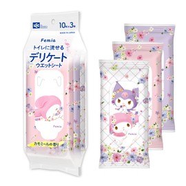 LEC Femia Toilet-Flushable Delicate Wet Wipes, 10 Sheets × 3 Packs (My Melody & Kuromi) Chamomile Scent
