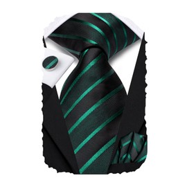 Hi-Tie Black Tie Emerald Green Tie Silk Extra Long 70'' Men's Ties Set Striped Dress Necktie and Pocket Square Cufflinks