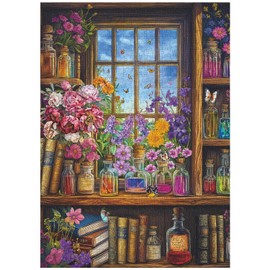 Vintage Window Bookshelf Puzzles for Adults 1000 Piece, Plant Floral Potion Book Jigsaw Puzzle for Vintage Collect Lovers, Retro Bookshelf Puzzle with Blossoming Wildflower, Color Bottle,and Butterfly