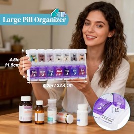 Shintop Am Pm Pill Organizer 7 Day, Push Button Weekly Pill Box 2 Times Removable Lid Medication Case Easy Fill Day Night Vitamin Container for Fish O