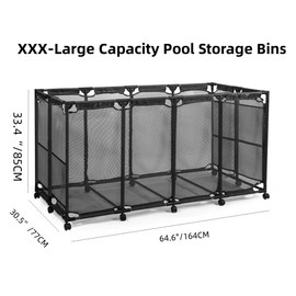 JEFEE Pool Storage Bins Rolling Pool Storage Cart Standard Noodles Holder Organizer Container with Nylon Mesh, for Swimming Pool Floats Storage, Pool Toys Storage,Large 64.57"L*30.51"W*33.46"H Black