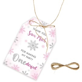 50pcs Snowflake Thank You Tags, Thank You Snow Much Gift Tag with String for Winter Party, Pink Snowflake Thank You Paper Tags for Christmas Holiday/Winter Wonderland Party Favors