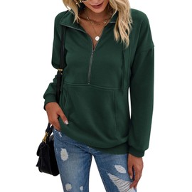 PRETTYGARDEN Women's Casual Long Sleeve Lapel Zipper Sweatshirt Drawstring Loose Pullover Tops (Dark Green, Medium)