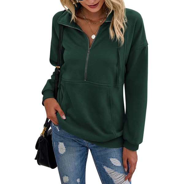 PRETTYGARDEN Women's Casual Long Sleeve Lapel Zipper Sweatshirt Drawstring Loose