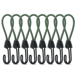 Hikeman 8 Pack 8mm Bungee Cord Hooks Black Anti-Rust Paint Spiral Wire Hooks with Separable Reflective Elastic Rope Heavy Duty Strapping Tape Hooks for Camping Trucks Boats (Green)