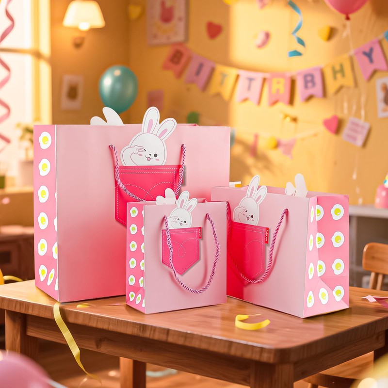 Yiran Rabbit Gift Bag with Pink Gift Ribbon, 3pcs Large