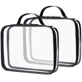 MODENGKONGJIAN TSA Approved Clear Toiletry Bag, 2 Pack Clear Quart Size Travel Makeup Cosmetic Bags with Handle Large Opening, Carry on Airport Airline Compliant Bag for Women Men (Black)