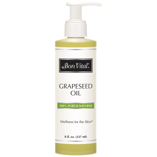 Bon Vital' Grapeseed Oil, 100% Pure Skin Toner and Massage Oil, For Hair Care, Aromatherapy, and Massage, Helps Reduce Wrinkles and Prevents Premature Aging, Skin Moisturizer, 8 Oz, Label may Vary