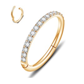 316L Surgical Steel 16G Cartilage Earrings Hoop Hinged Septum Nose Rings Helix Tragus Daith Earring Jewelry with CZ Gem, 16 Gauge, 14K Gold, 6mm