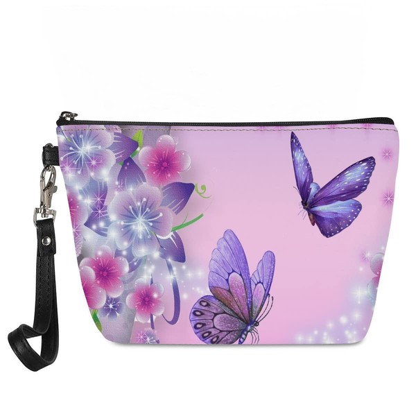 Freewander Pink Butterfly Make up Bag,Adorable Roomy Cosmetic Bag for Womens Ladies Girls,PU Leather Toiletry Kit Case Travel Portable Organizer Pouch