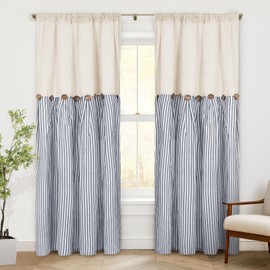 ASPMIZ Cotton Linen Farmhouse Curtains Boho Rustic Button Curtains, Linen Window Curtain Panels, Blue Stripe Country Curtains for Living Room, Modern Back Tab Blackout Curtains 52 x 84 Inch, 2 Panels
