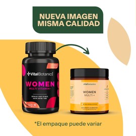 Women Multi + con 60 capsulas. Multivitamínico para Mujer con Colágeno Hidrolizado, Ácido Fólico, Biotina, Hierro, Calcio, Magnesio, Maca, Zinc y Vitamina D (400 IU) Complejo B VitalBotanics