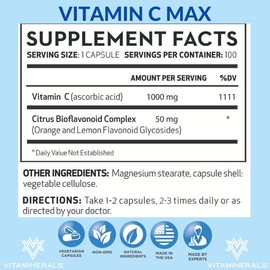 VITAMINERALS® C MAX Antioxidant Support 1,000 mg Vitamin C | 100 Veggie Capsules