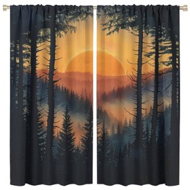 LITINGZHILONG Forest Sunset Light Print Curtain, Natural Wilderness Landscape Panoramic Sunset in Forest Landscape Blackout Curtain, Polyester Room Bedroom Curtain 2 Pieces 42x45in