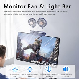 Monitor Fan with Clamp & Light Bar Desk Lamp with fan for Office mini Desk fan small quiet with lamp for PC Laptops Tablet for Home Office Portable Working Reading Stand Lamp