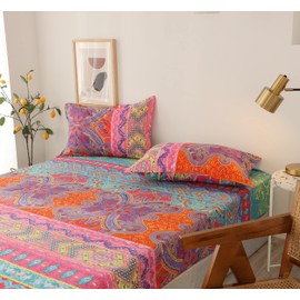 Damier Bohemian Fitted Sheet, 100 x 200 cm, Indian Mandala Pattern Fitted Sheet, Soft Microfibre Box Spring Bed Sheet Suitable for Mattresses of 30 cm