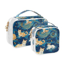 Clear Makeup Bags 2 Pack TSA Approved Toiletry Bag Quart Size Travel Cosmetic Bag Fit Carry-on Toiletries Essential, Cats Van Gogh's Starry Sky, one size, Fashion